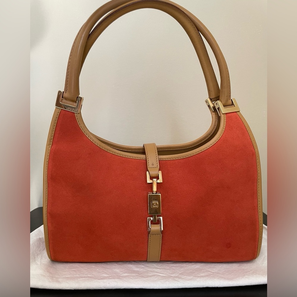 Vintage Gucci Bardot Jackie Purse
Bag Orange/Coral Suede Blush Tan